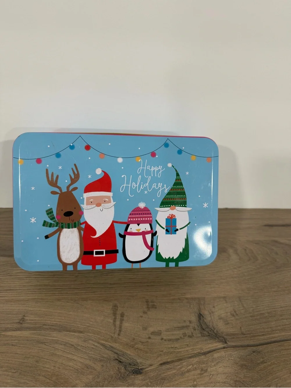Christmas Tin Storage Box w/ Lid, Blue/Multicolor, Rectangular, Free Standing